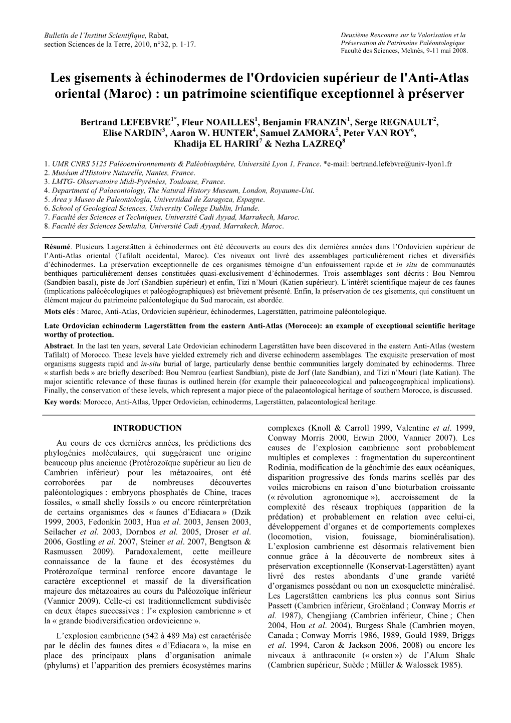 Les Gisements À Échinodermes De L'ordovicien Supérieur De L'anti-Atlas Oriental (Maroc) : Un Patrimoine Scientifique Exceptionnel À Préserver