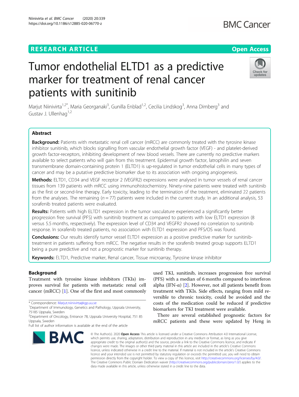 Tumor Endothelial ELTD1 As a Predictive Marker for Treatment Of