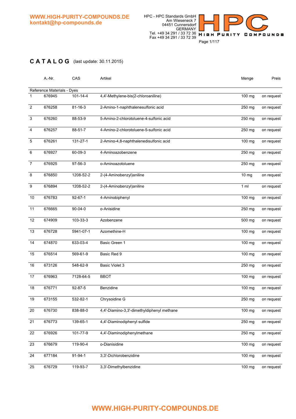 HPC - HPC Standards Gmbh Am Wieseneck 7 Kontakt@Hp-Compounds.De 04451 Cunnersdorf GERMANY Tel