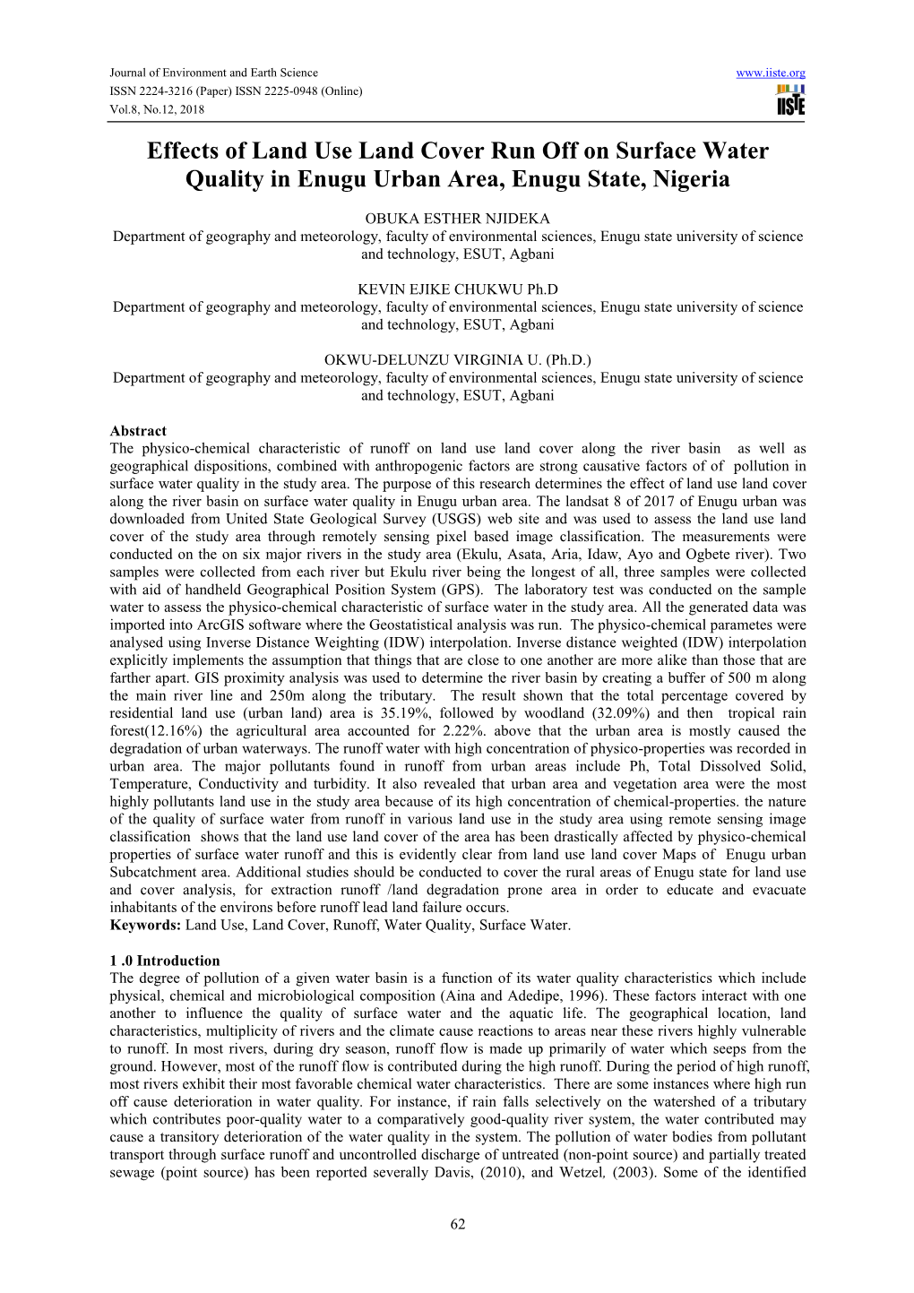 Effects of Land Use Land Cover Run Off on Surface Water Quality in Enugu Urban Area, Enugu State, Nigeria