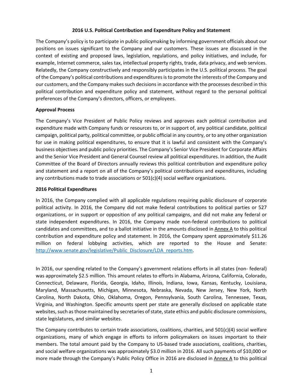 1 2016 U.S. Political Contribution and Expenditure Policy and Statement