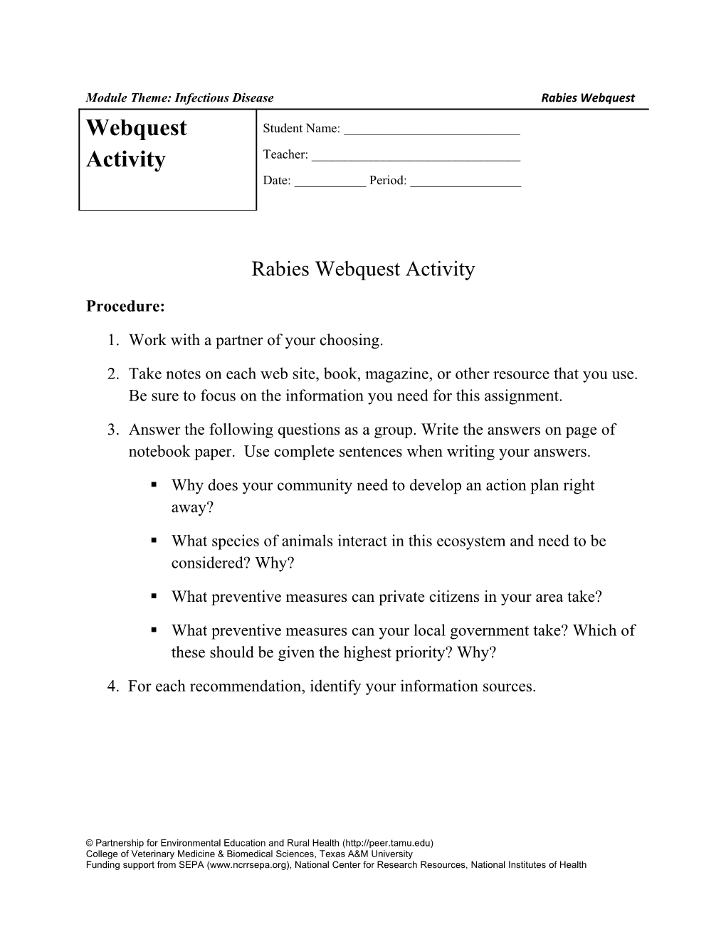 Module Theme: Infectious Disease Rabies Webquest