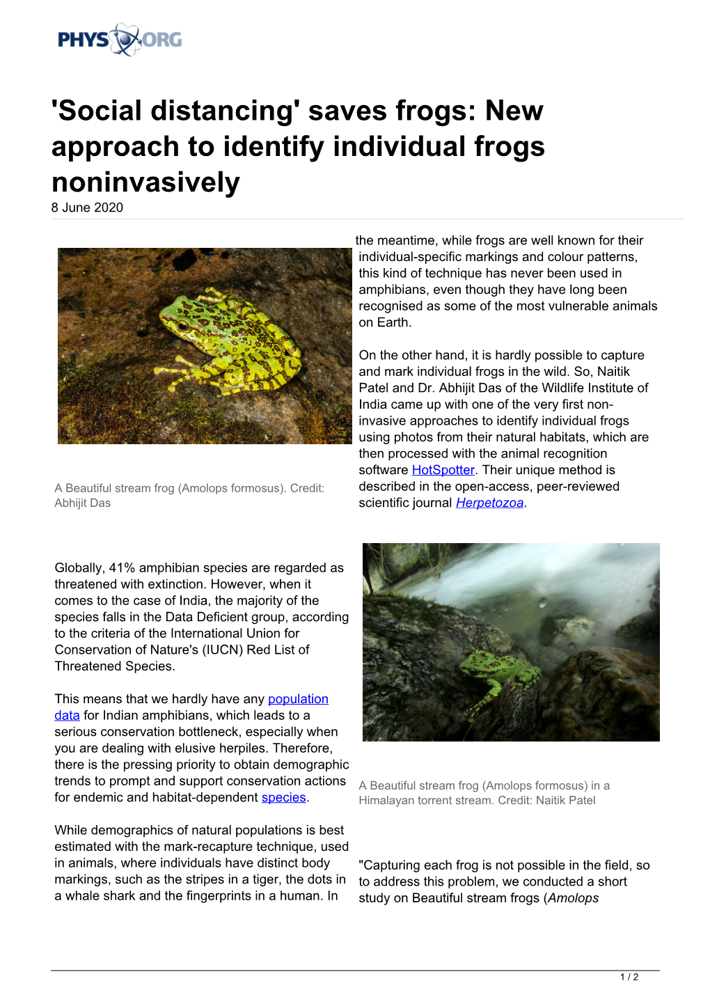 'Social Distancing' Saves Frogs: New Approach to Identify Individual Frogs Noninvasively 8 June 2020