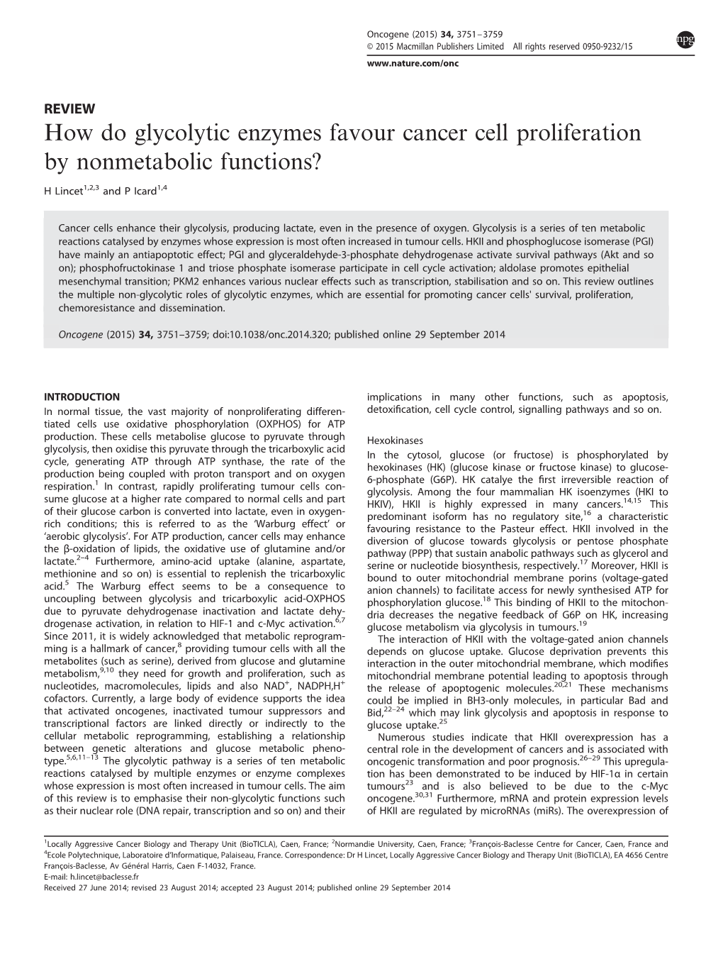 How Do Glycolytic Enzymes Favour Cancer Cell Proliferation by Nonmetabolic Functions?