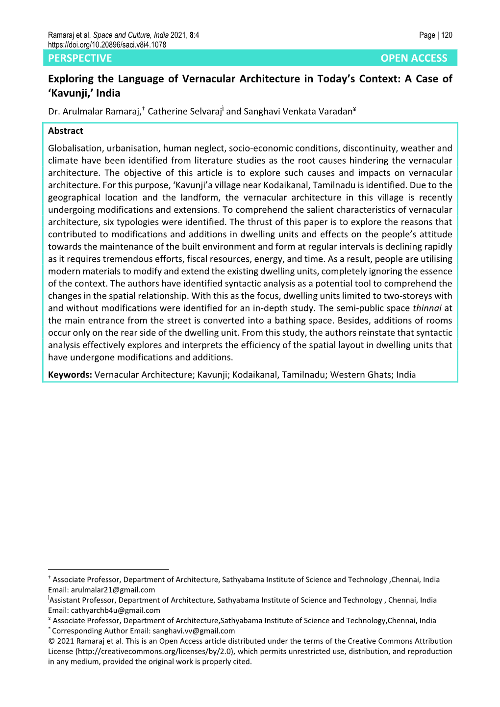 PERSPECTIVE OPEN ACCESS Exploring the Language of Vernacular Architecture in Today’S Context: a Case of ‘Kavunji,’ India Dr