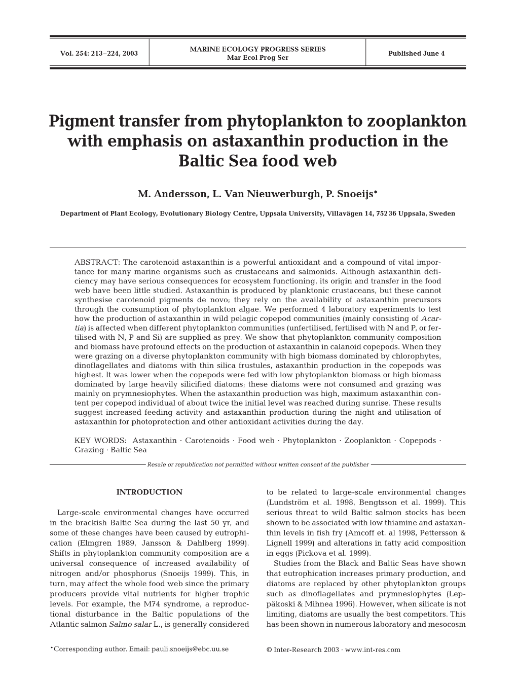 Pigment Transfer from Phytoplankton to Zooplankton with Emphasis on Astaxanthin Production in the Baltic Sea Food Web