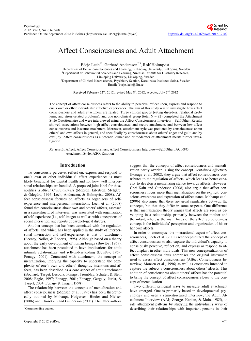 Affect Consciousness and Adult Attachment