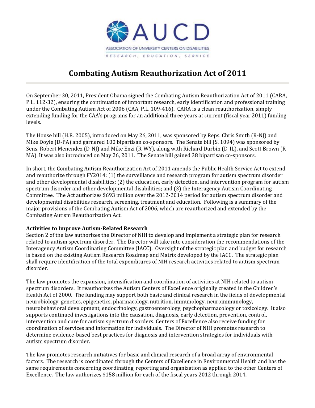 AUCD Summary Combating Autism Reauthorization Act of 2011