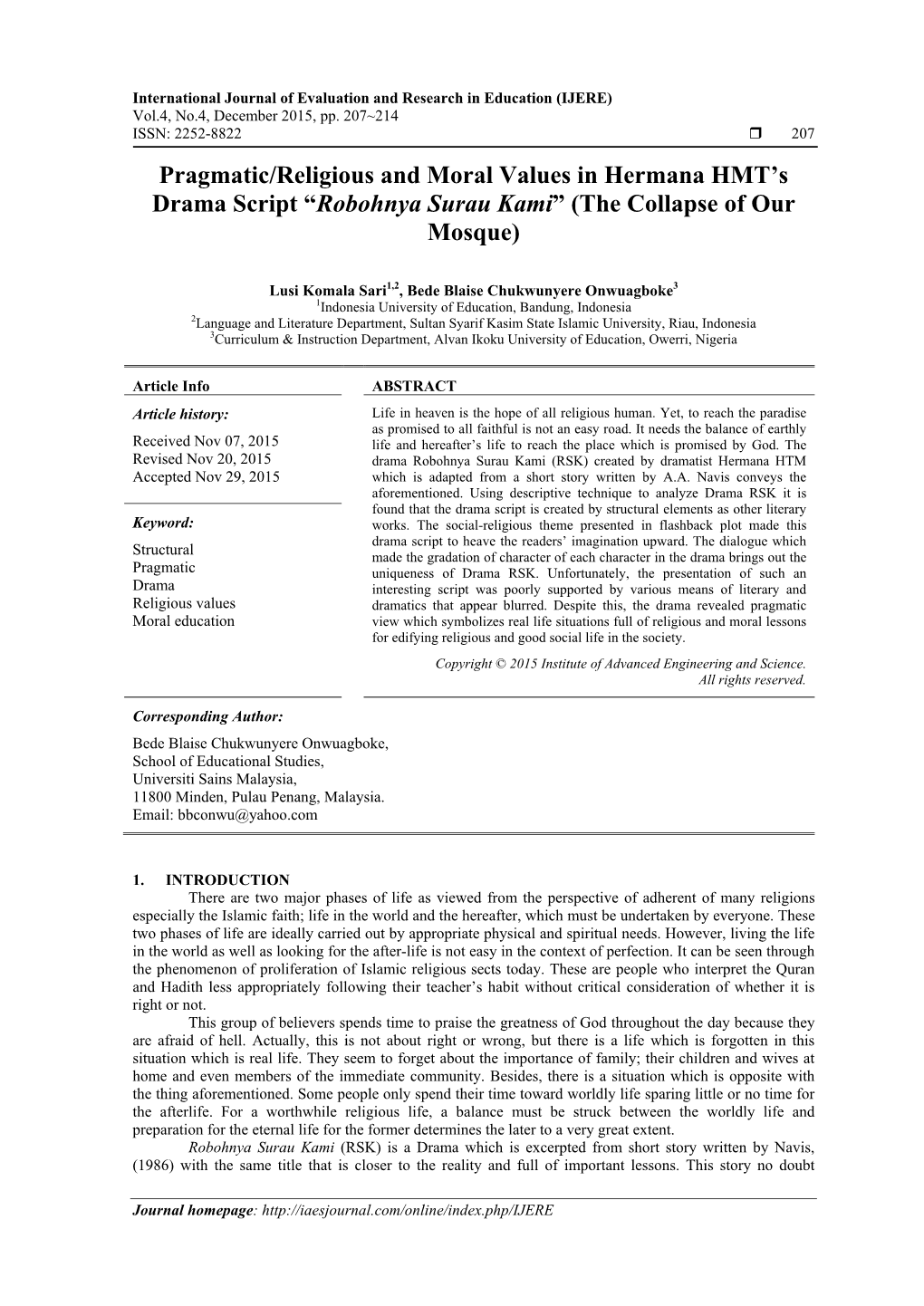 Pragmatic/Religious and Moral Values in Hermana HMT's Drama Script