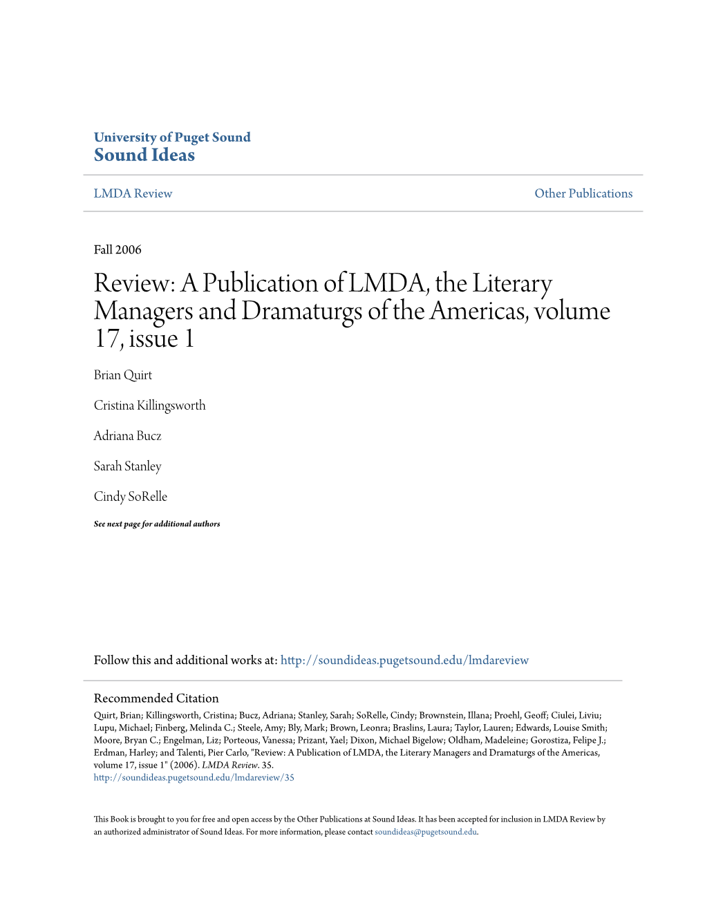 Review: a Publication of LMDA, the Literary Managers and Dramaturgs of the Americas, Volume 17, Issue 1 Brian Quirt