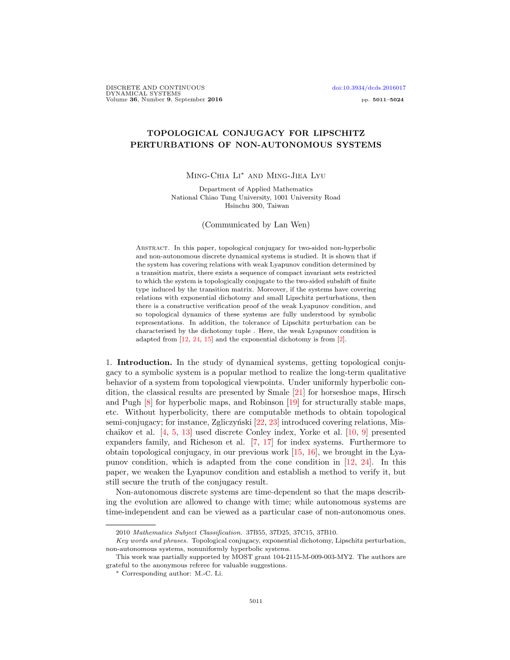 Topological Conjugacy for Lipschitz Perturbations of Non-Autonomous Systems