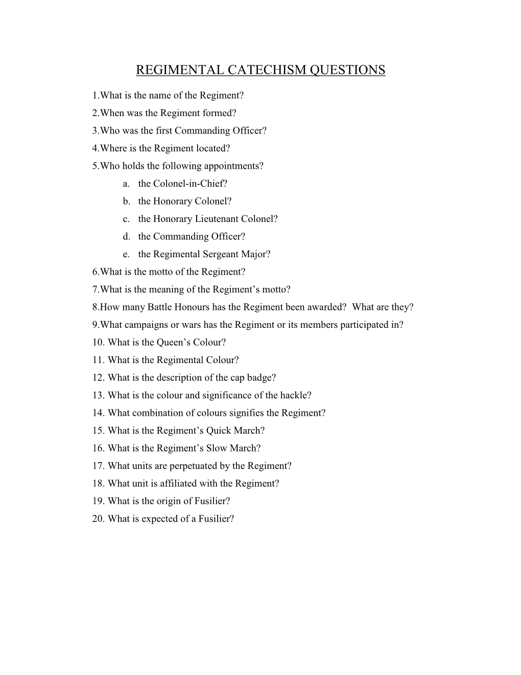 Regimental Catechism Questions