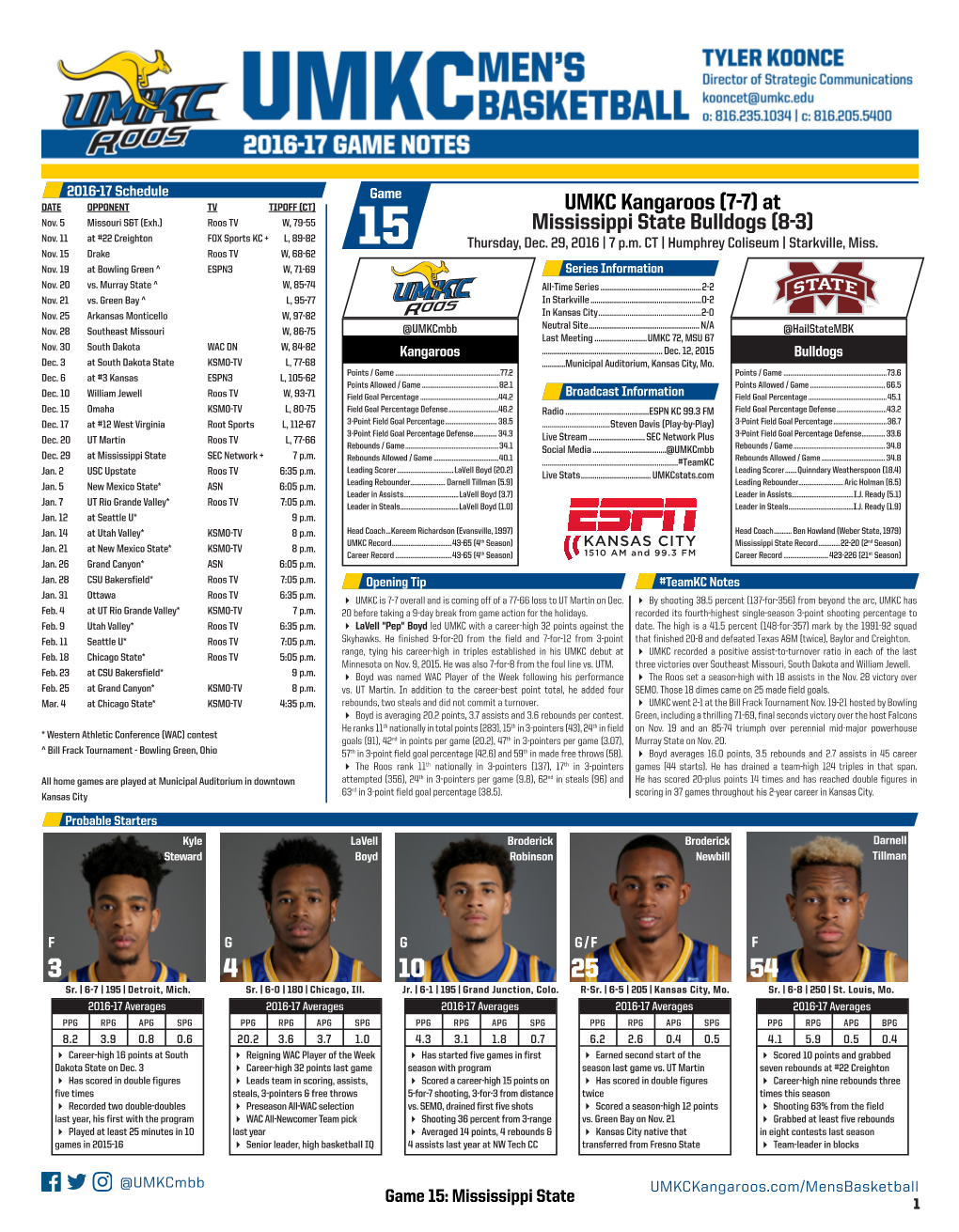 UMKC Kangaroos (7-7) at Mississippi State Bulldogs (8-3)