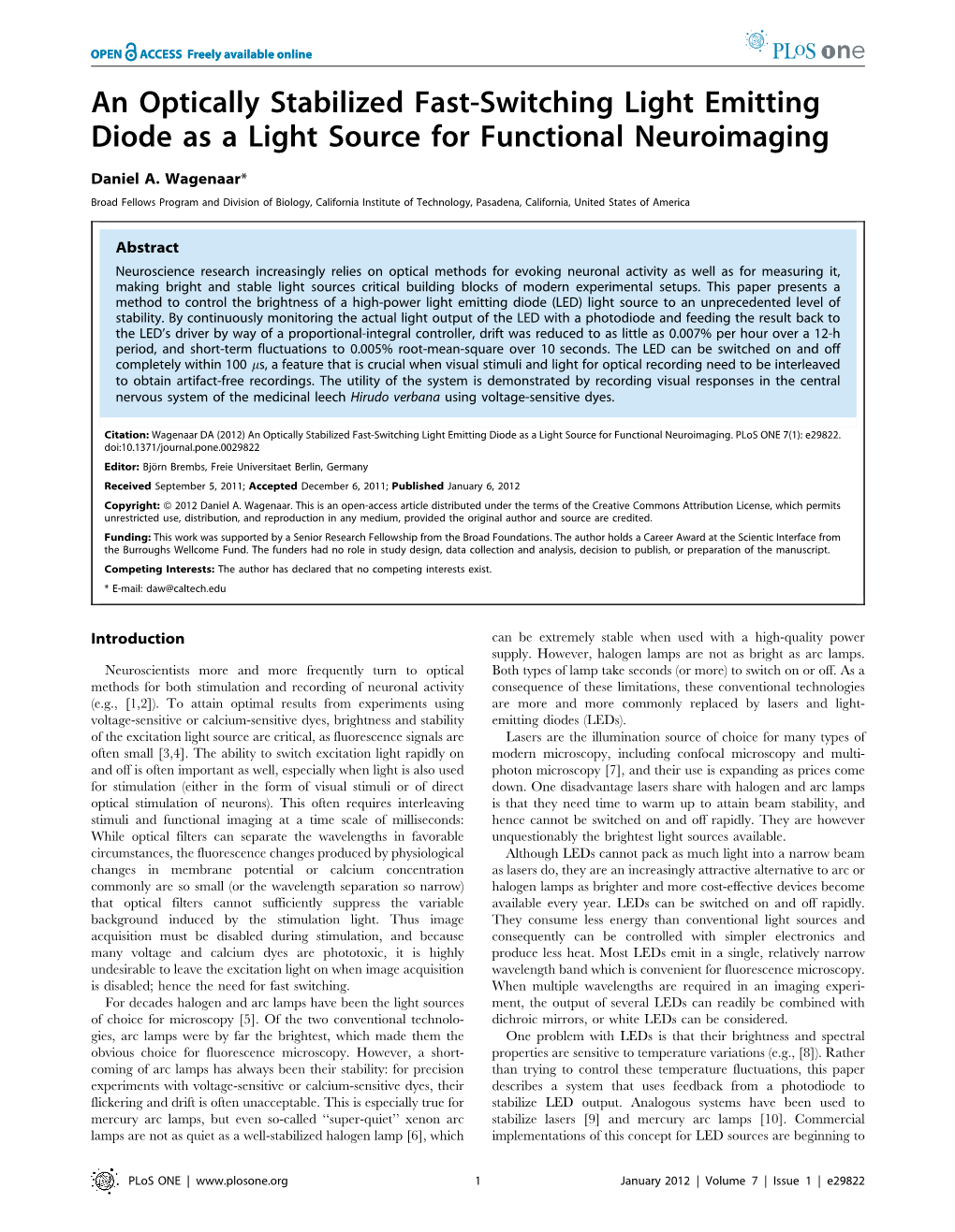 An Optically Stabilized Fast-Switching Light Emitting Diode As a Light Source for Functional Neuroimaging