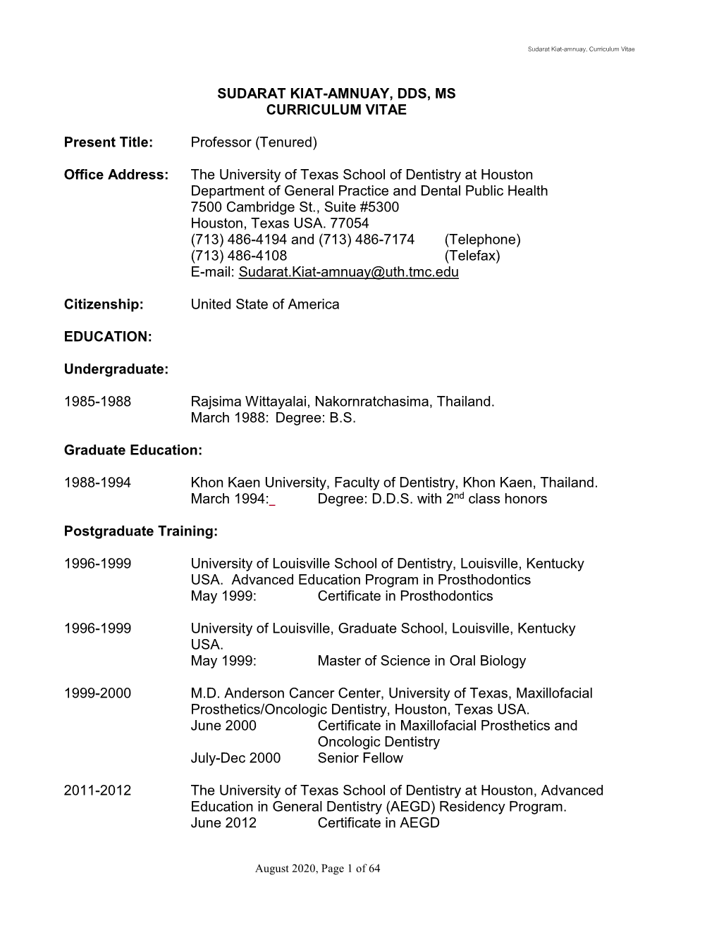 Sudarat Kiat-Amnuay, Dds, Ms Curriculum Vitae