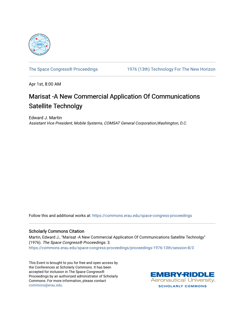 Marisat -A New Commercial Application of Communications Satellite Technolgy