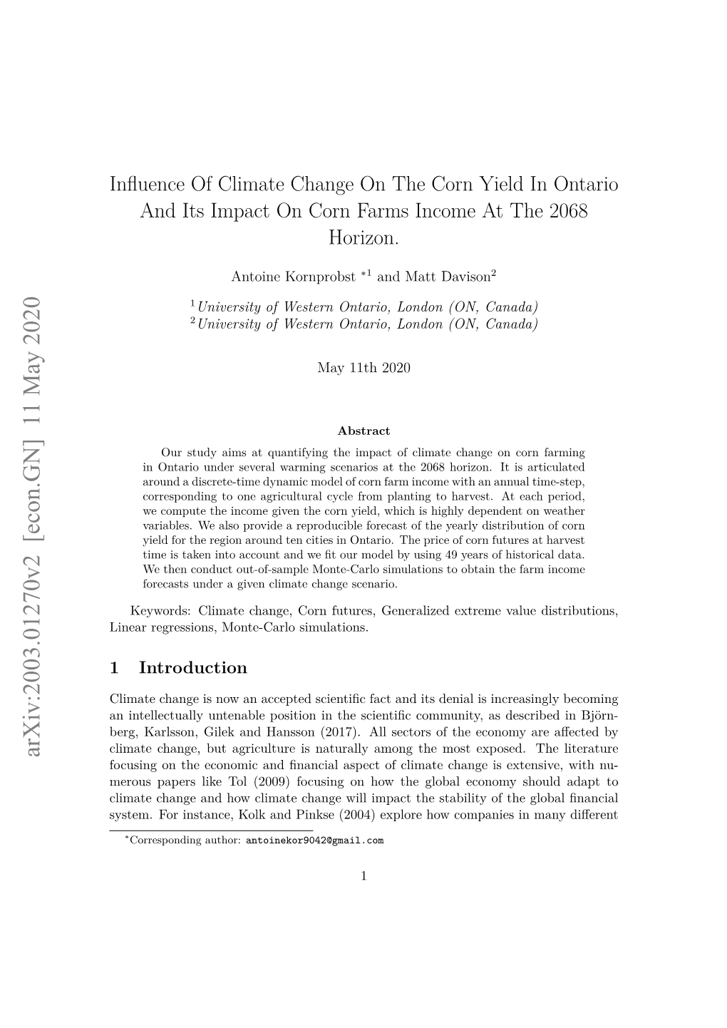 Influence of Climate Change on the Corn Yield in Ontario and Its Impact