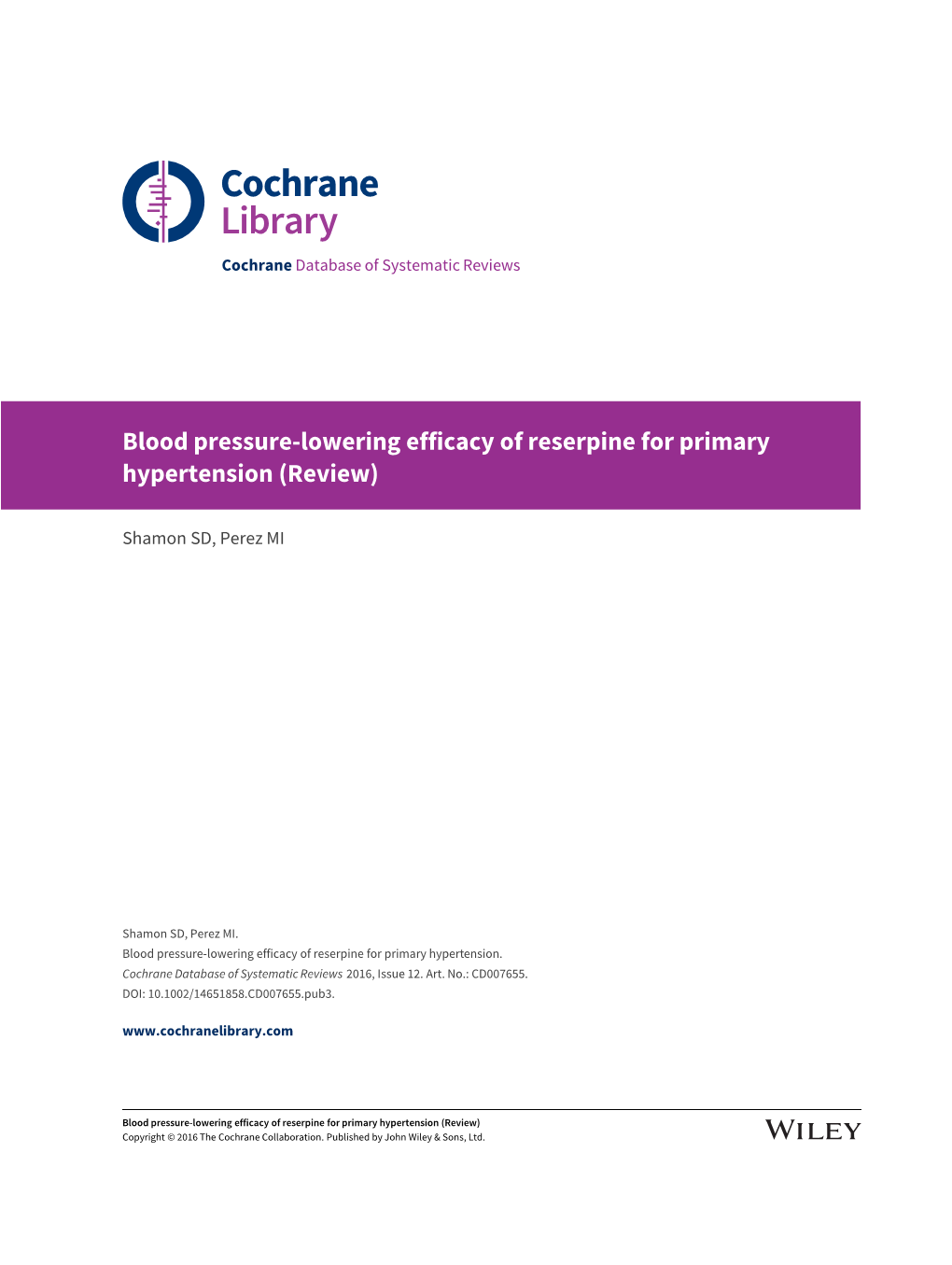 Blood Pressure-Lowering Efficacy of Reserpine for Primary Hypertension (Review)