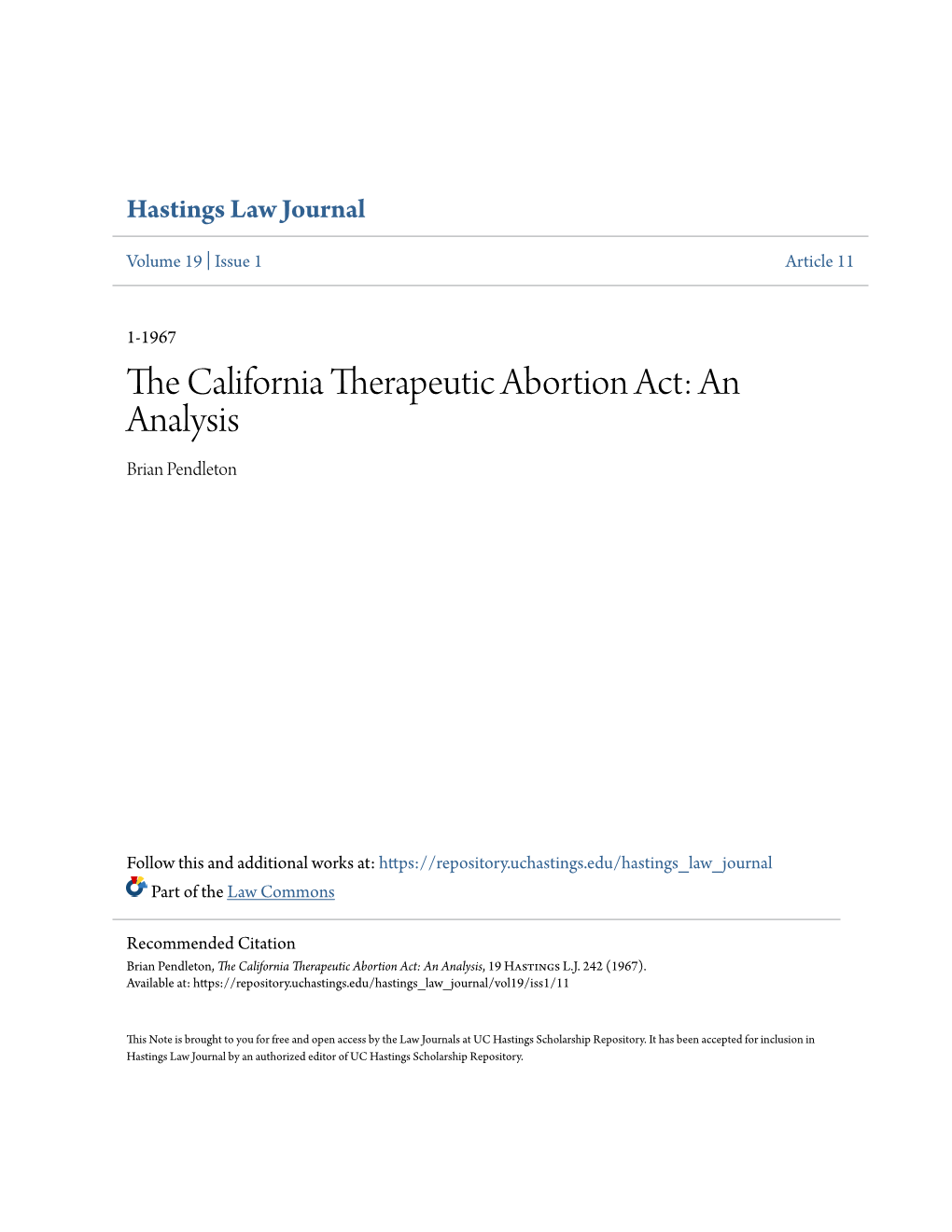 The California Therapeutic Abortion Act: an Analysis, 19 Hastings L.J