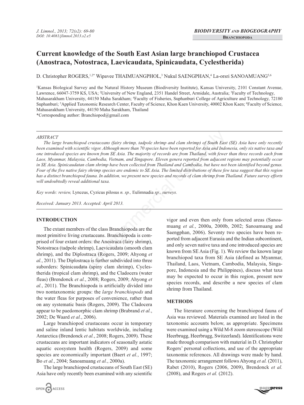 Current Knowledge of the South East Asian Large Branchiopod Crustacea (Anostraca, Notostraca, Laevicaudata, Spinicaudata, Cyclestherida)