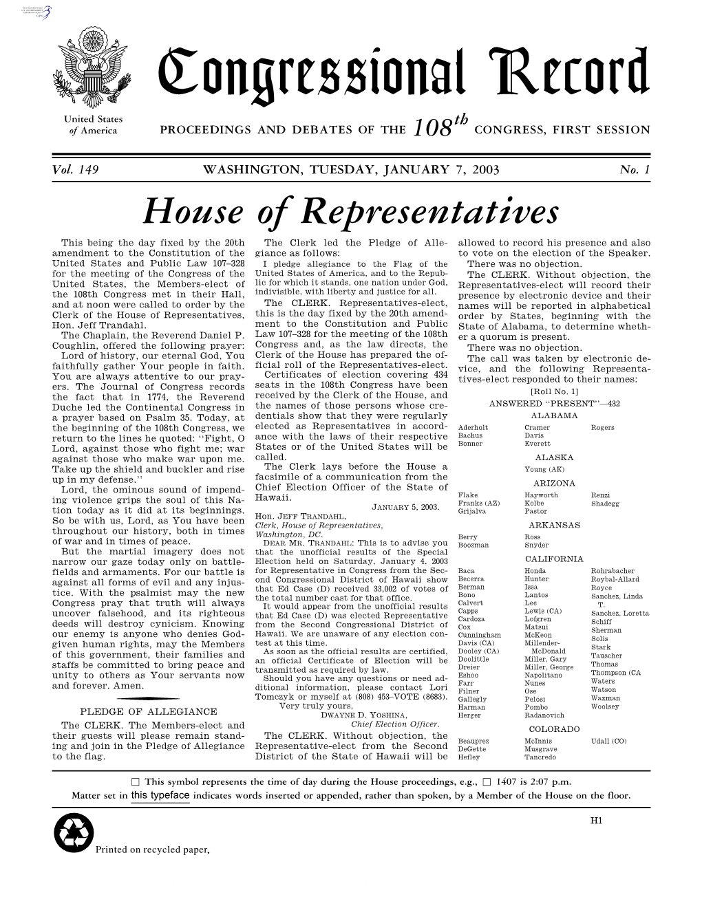 Congressional Record United States Th of America PROCEEDINGS and DEBATES of the 108 CONGRESS, FIRST SESSION