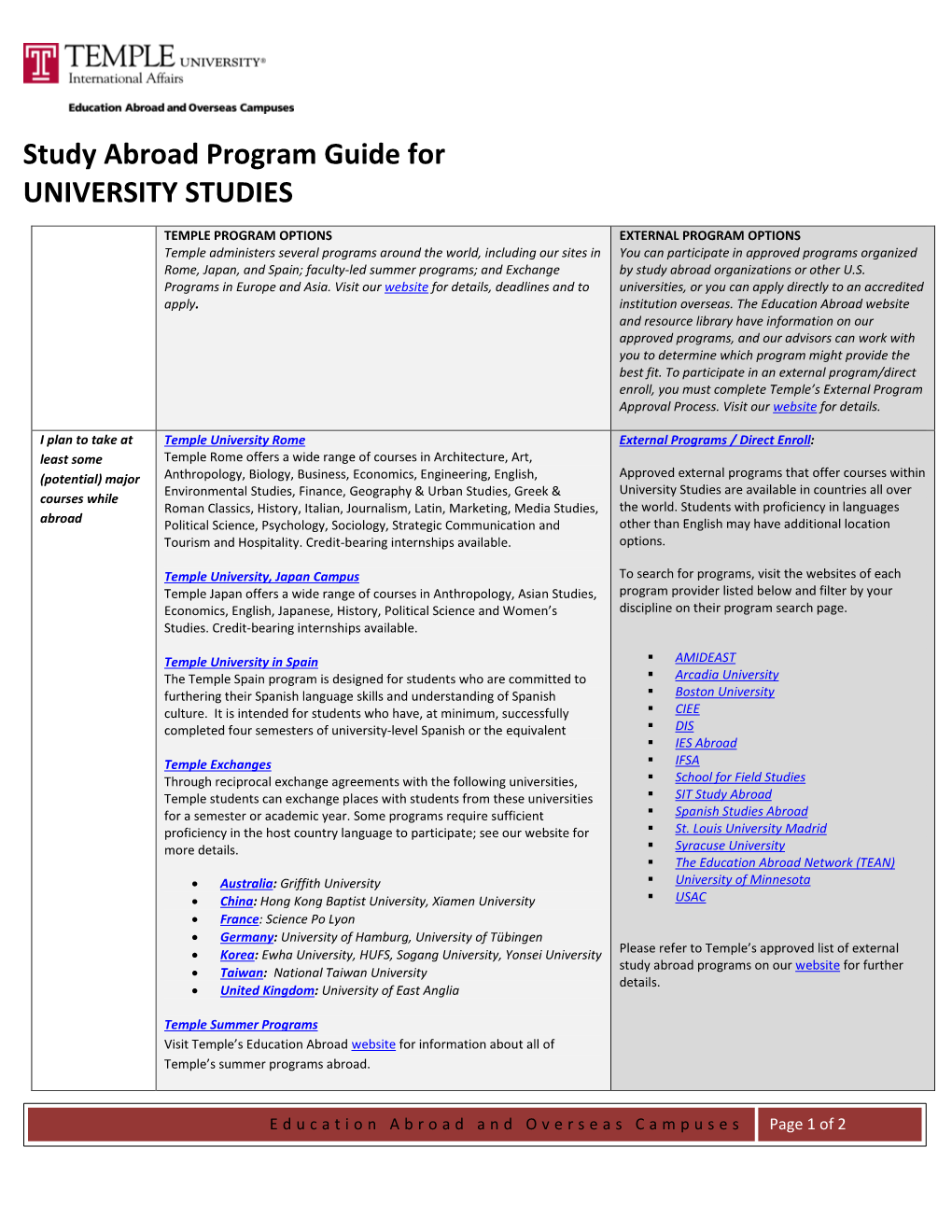 Study Abroad Program Guide for UNIVERSITY STUDIES