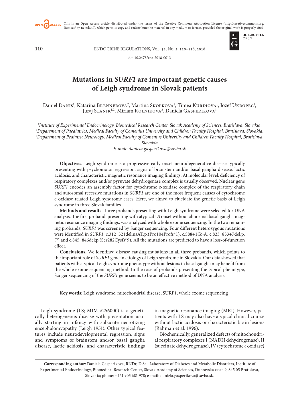 Mutations in SURF1 Are Important Genetic Causes of Leigh Syndrome in Slovak Patients