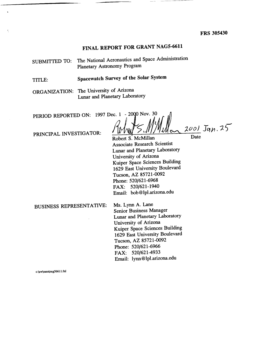 FINAL REPORT for GRANT NAG5-6611 the National