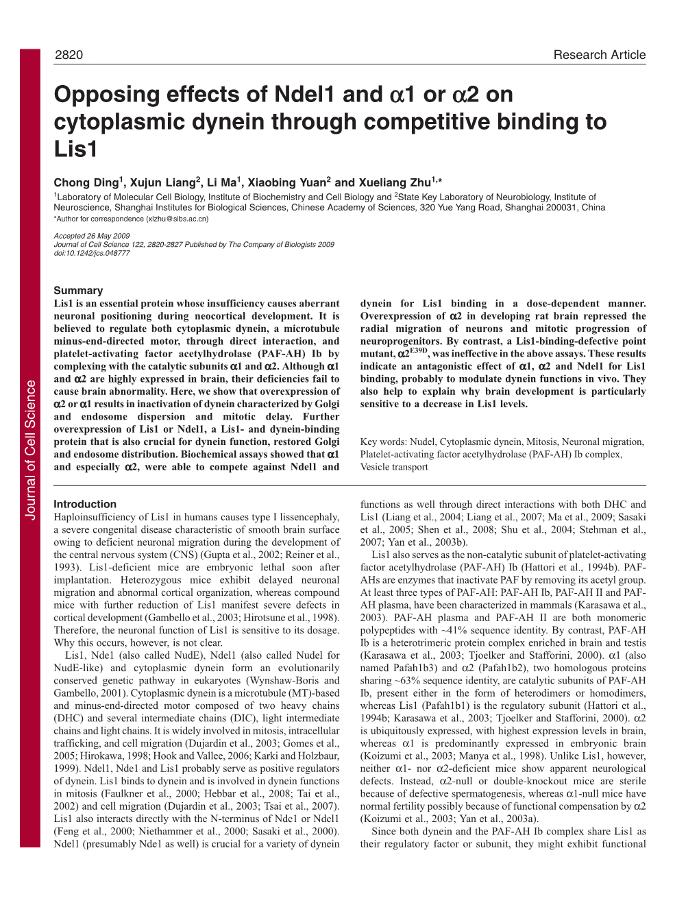 Opposing Effects of Ndel1 and Α1 Or Α2 on Cytoplasmic Dynein Through