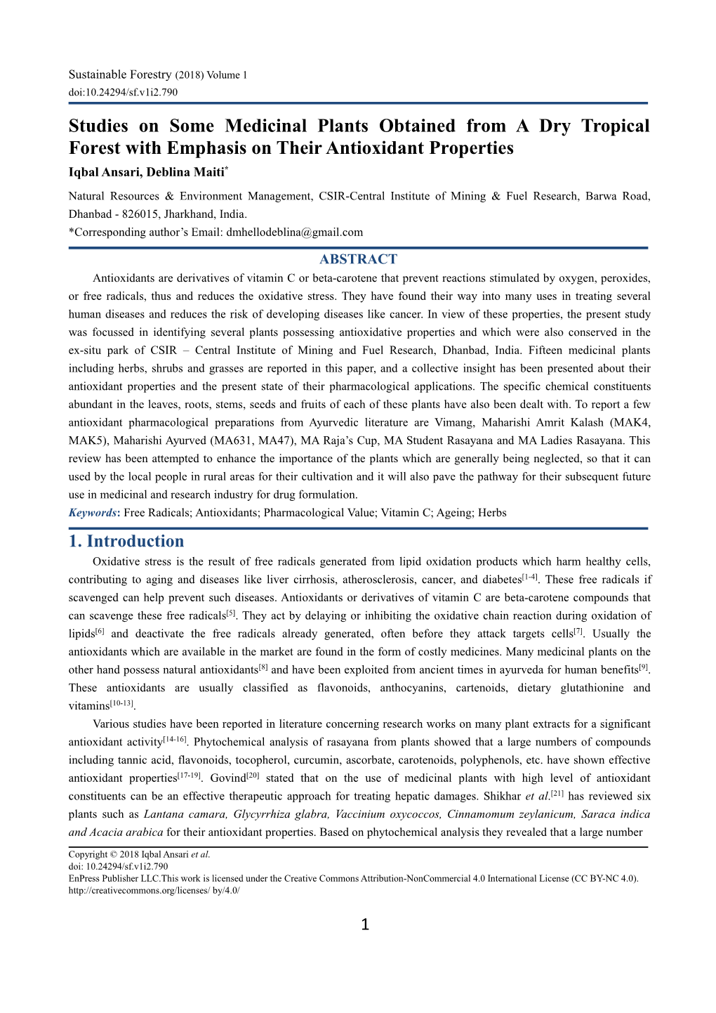 Studies on Some Medicinal Plants Obtained from a Dry Tropical Forest with Emphasis on Their Antioxidant Properties