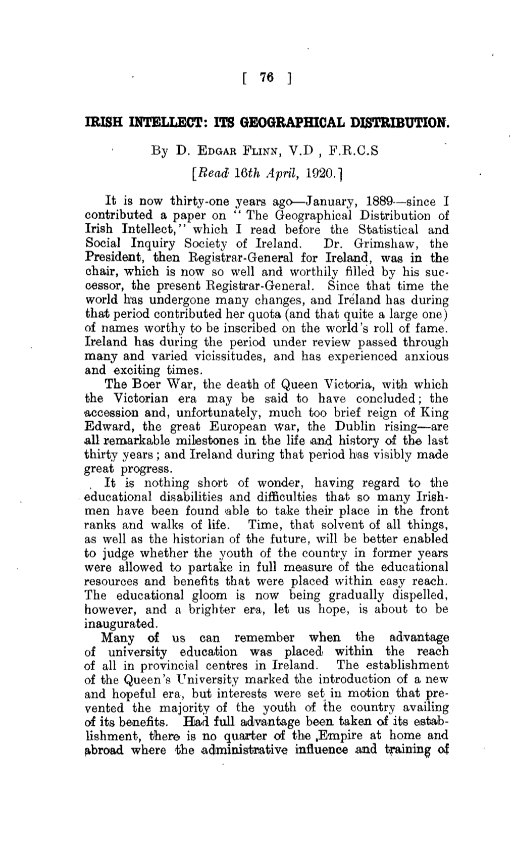 [Read 16Th April, 1920.] It Is Now Thirty-One Years Ago—January, 1889—Since I Contributed a Paper on " the Geographical