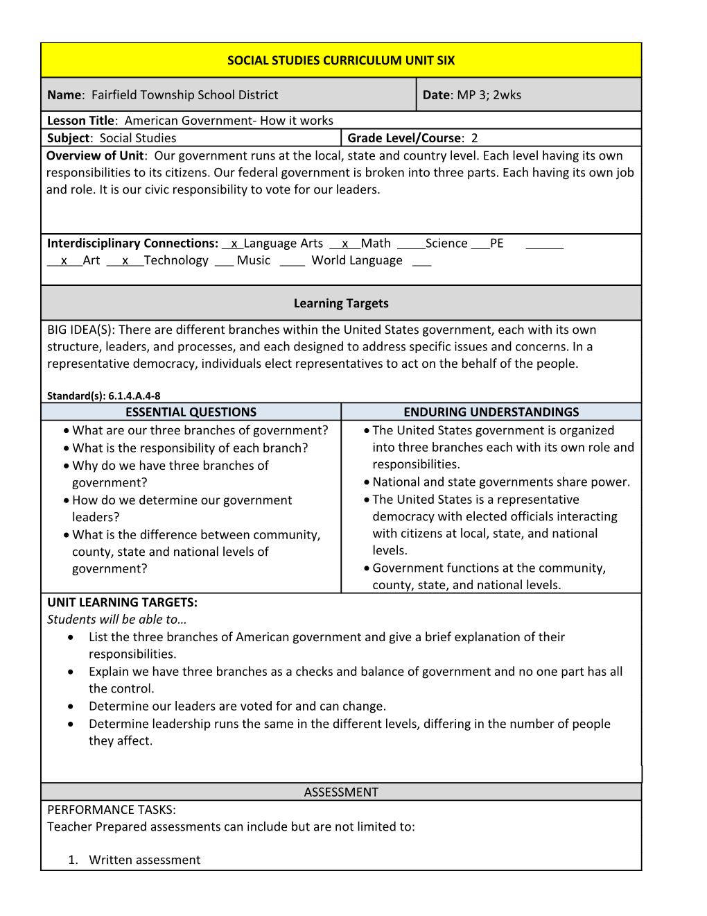 ___ GRADE LAL UNIT ONE LESSON PLAN (Domain)