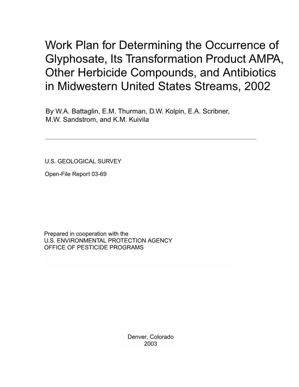 Work Plan for Determining the Occurrence of Glyphosate, Its