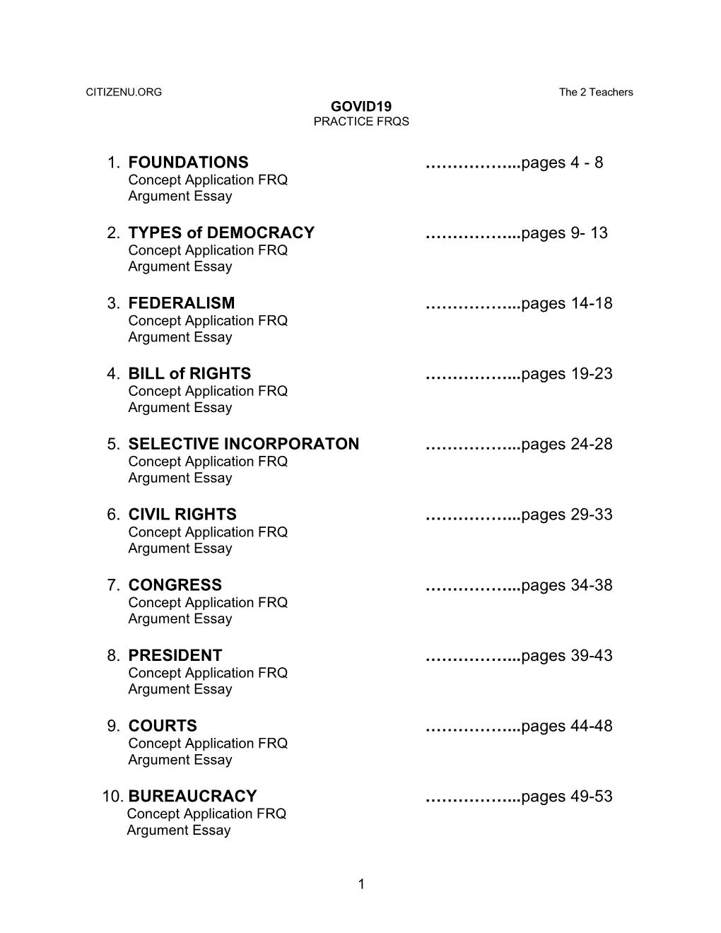 1. FOUNDATIONS ……………...Pages 4 - 8 Concept Application FRQ Argument Essay