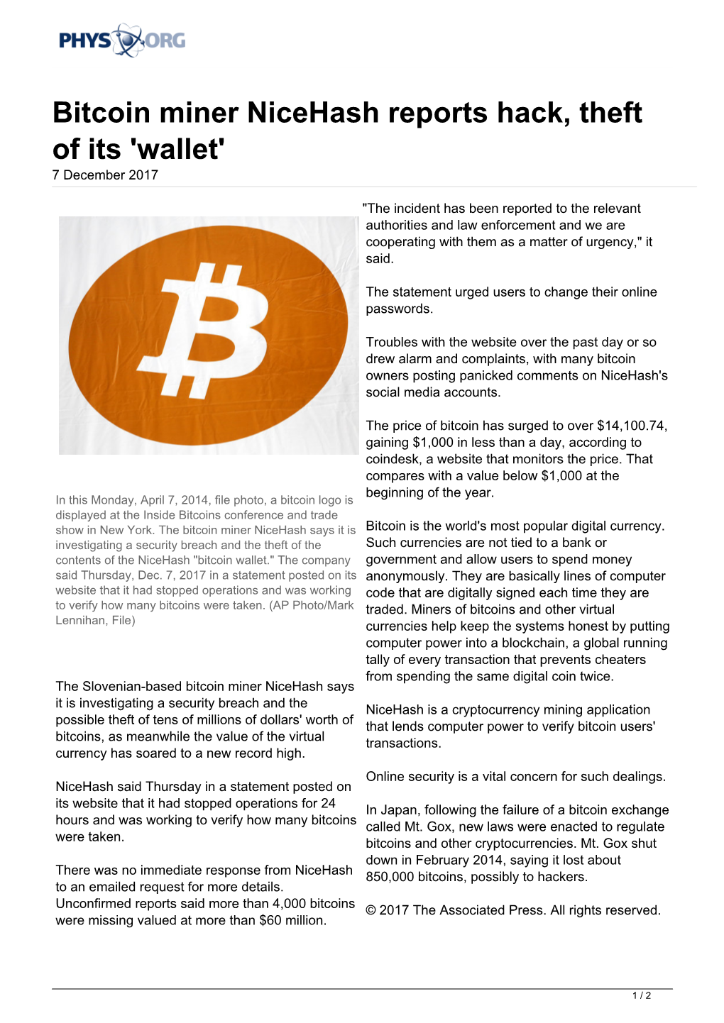 Bitcoin Miner Nicehash Reports Hack, Theft of Its 'Wallet' 7 December 2017