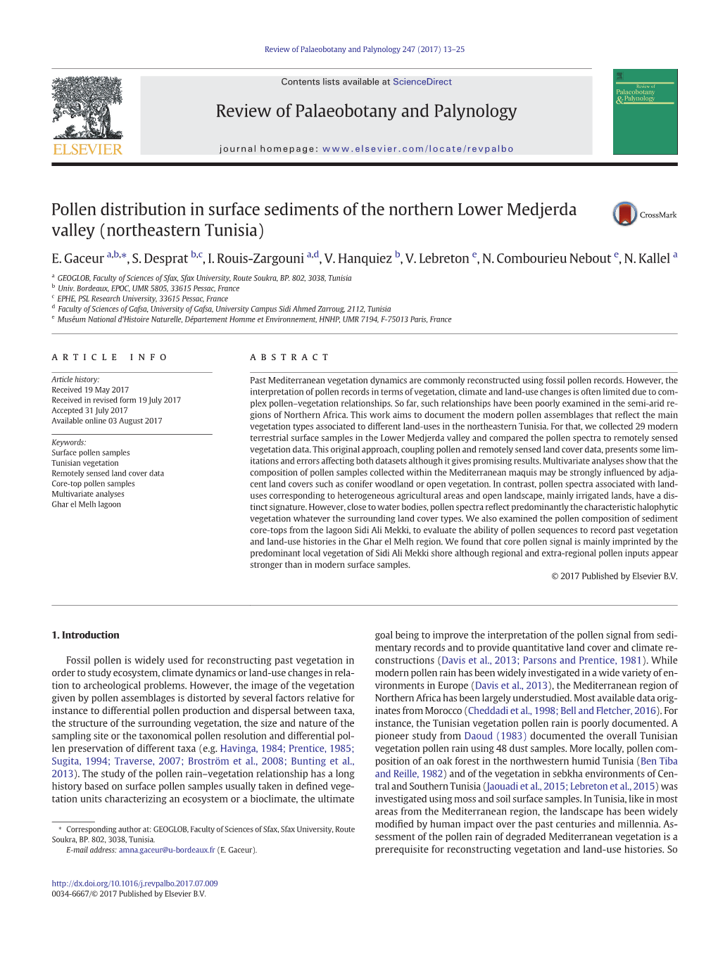 Pollen Distribution in Surface Sediments of the Northern Lower Medjerda Valley (Northeastern Tunisia)