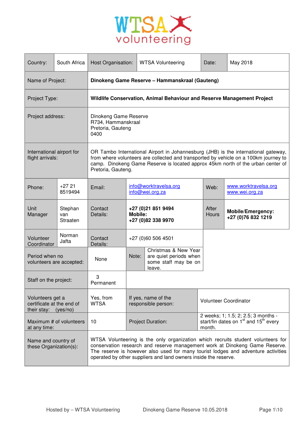 WTSA Volunteering Dinokeng Game Reserve 10.05.2018 Page 1\10