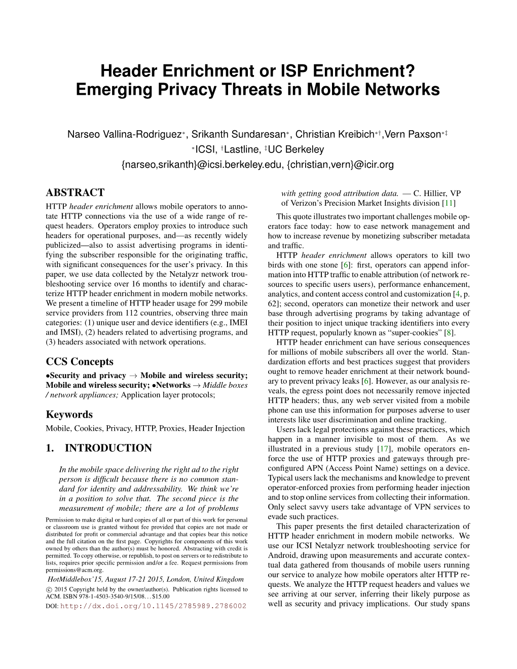 Header Enrichment Or ISP Enrichment? Emerging Privacy Threats in Mobile Networks