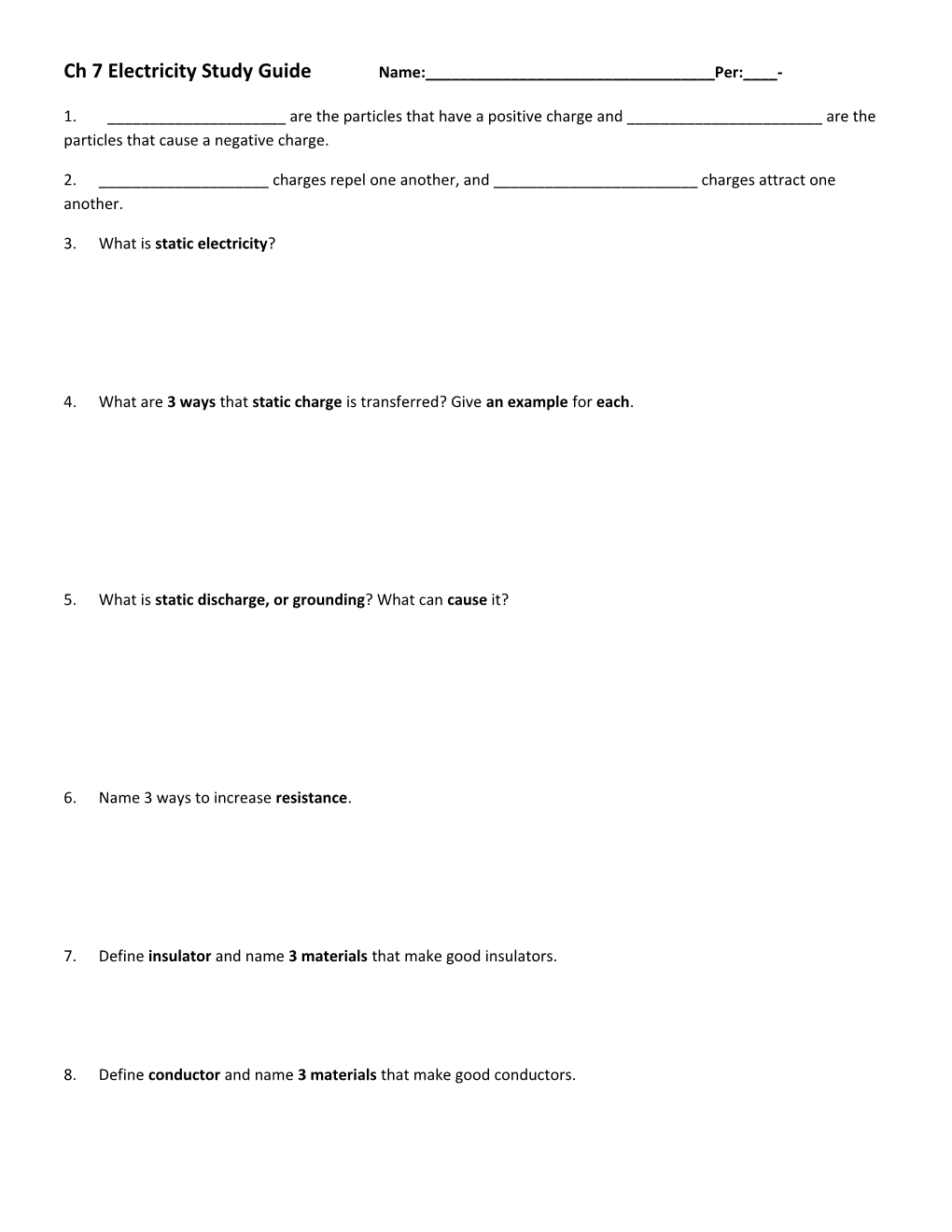 Ch 7 Electricity Study Guide Name:______Per:____