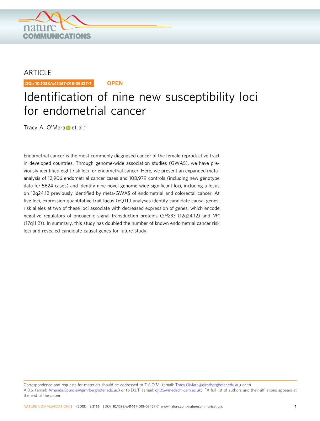 Identification of Nine New Susceptibility Loci for Endometrial Cancer