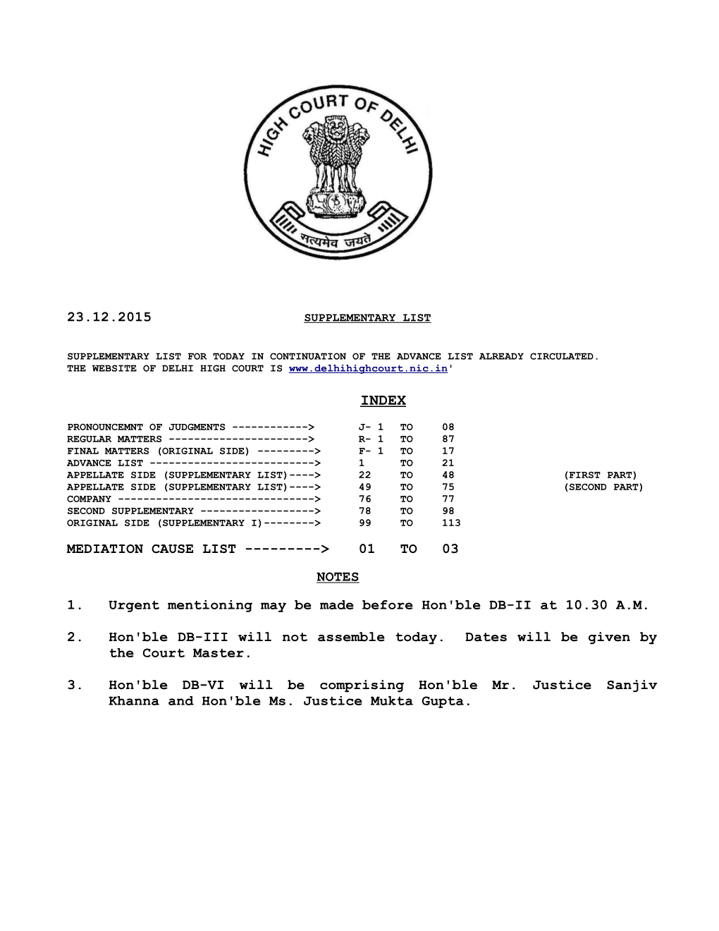 23.12.2015 Mediation Cause List