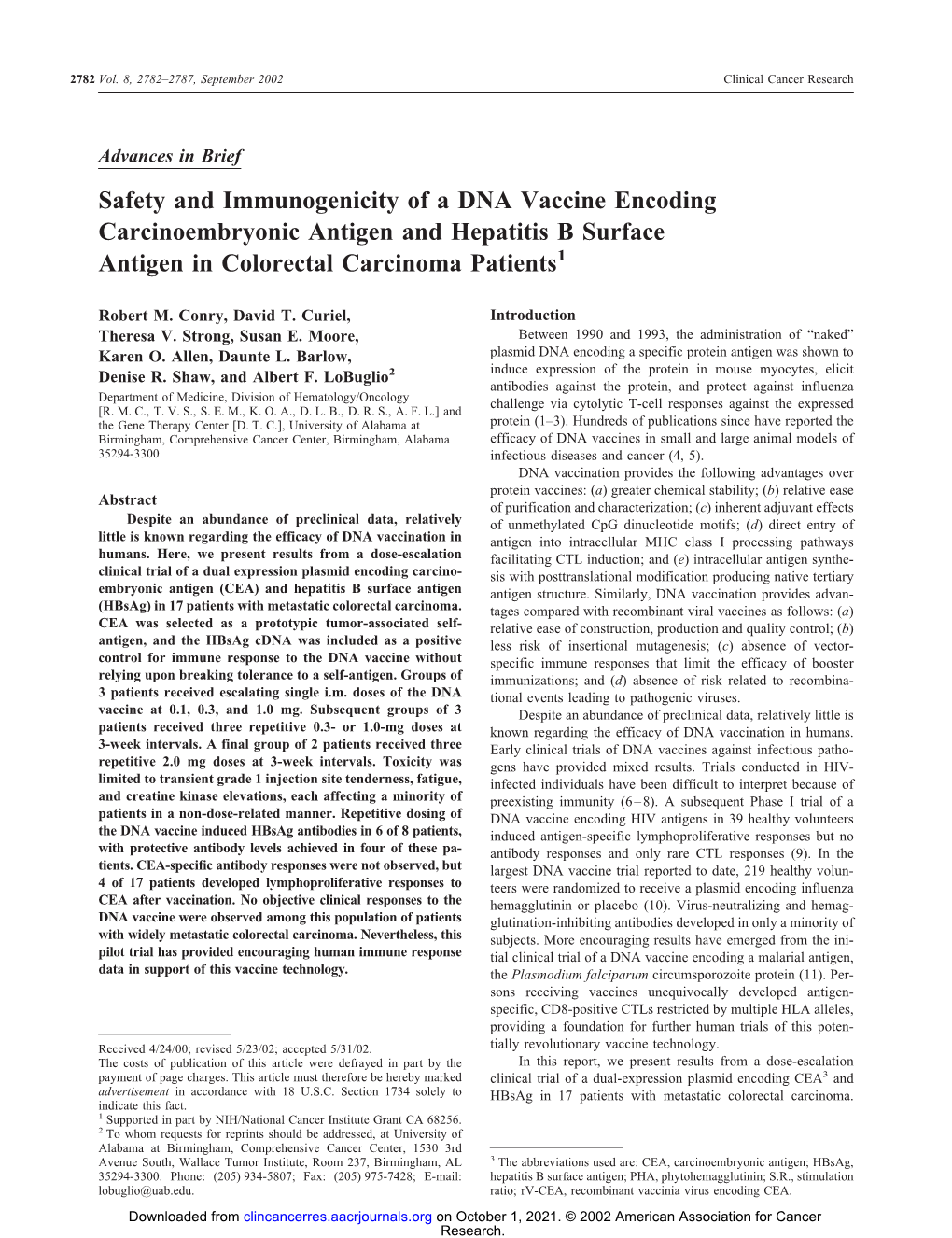 Safety and Immunogenicity of a DNA Vaccine Encoding Carcinoembryonic Antigen and Hepatitis B Surface Antigen in Colorectal Carcinoma Patients1