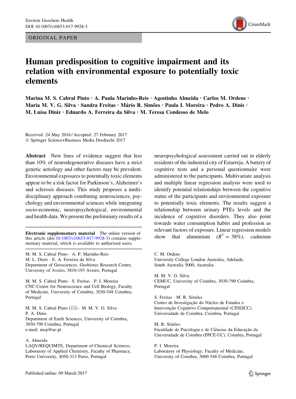 Human Predisposition to Cognitive Impairment and Its Relation with Environmental Exposure to Potentially Toxic Elements