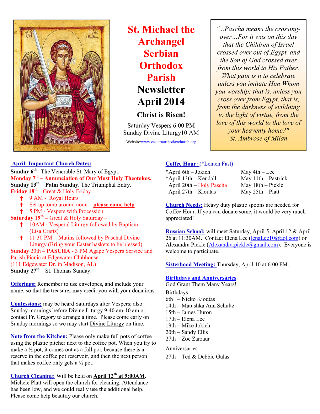 St. Michael the Archangel Serbian Orthodox Parish Newsletter April