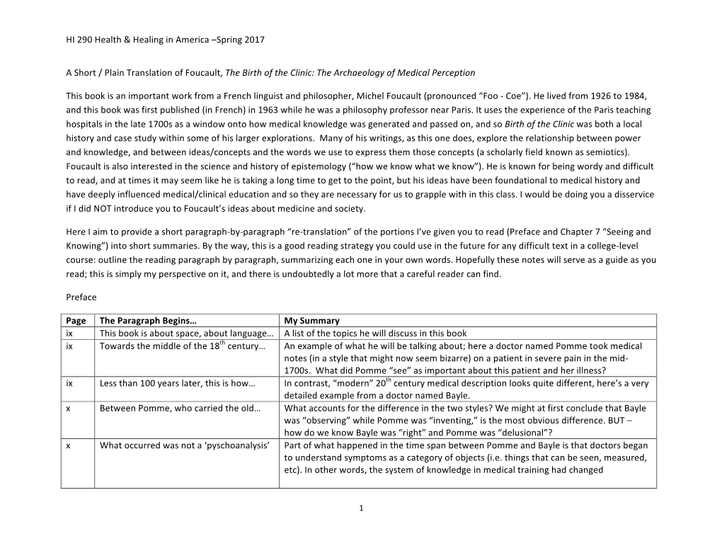 Spring 2017 a Short / Plain Translation of Foucault, the Birth Of