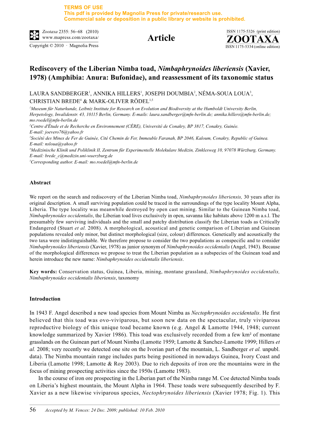 Zootaxa, Rediscovery of the Liberian Nimba Toad, Nimbaphrynoides