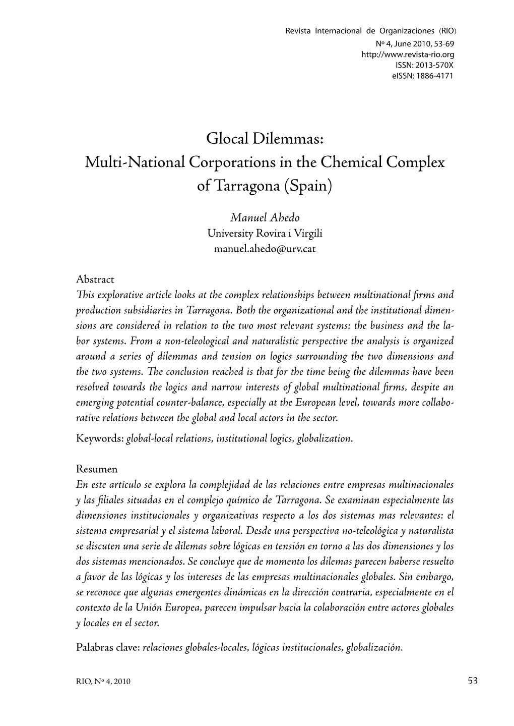 Glocal Dilemmas: Multi-National Corporations in the Chemical Complex of Tarragona (Spain)