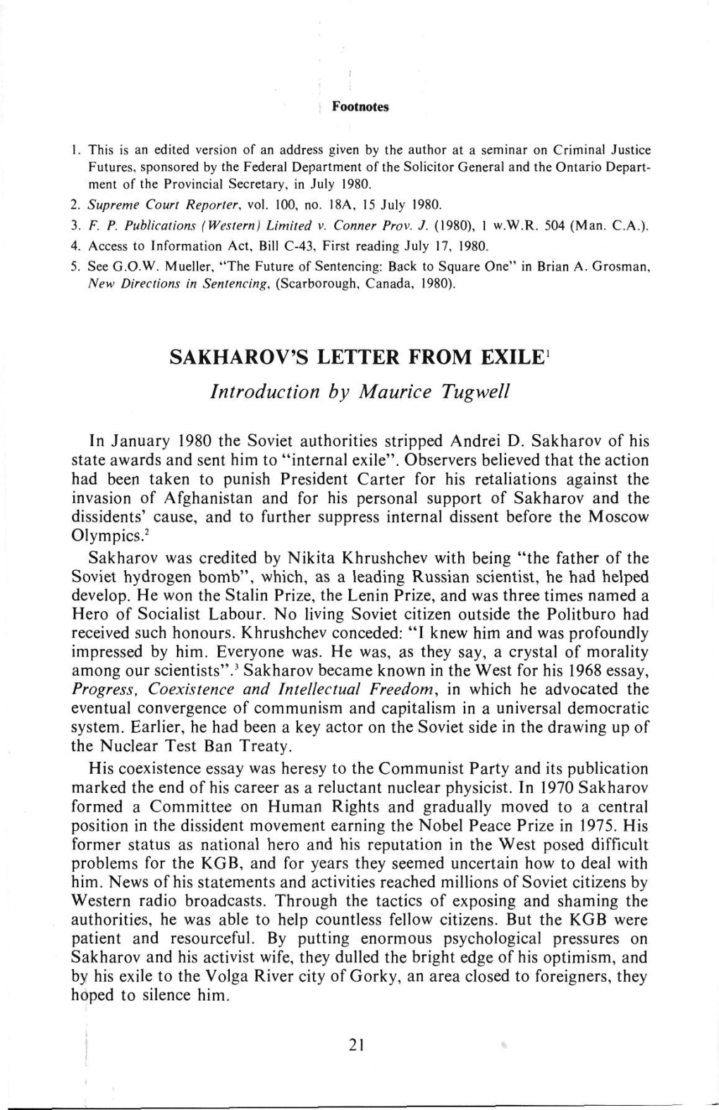 SAKHAROV's LETTER from EXILE1 Introduction by Maurice Tugwell