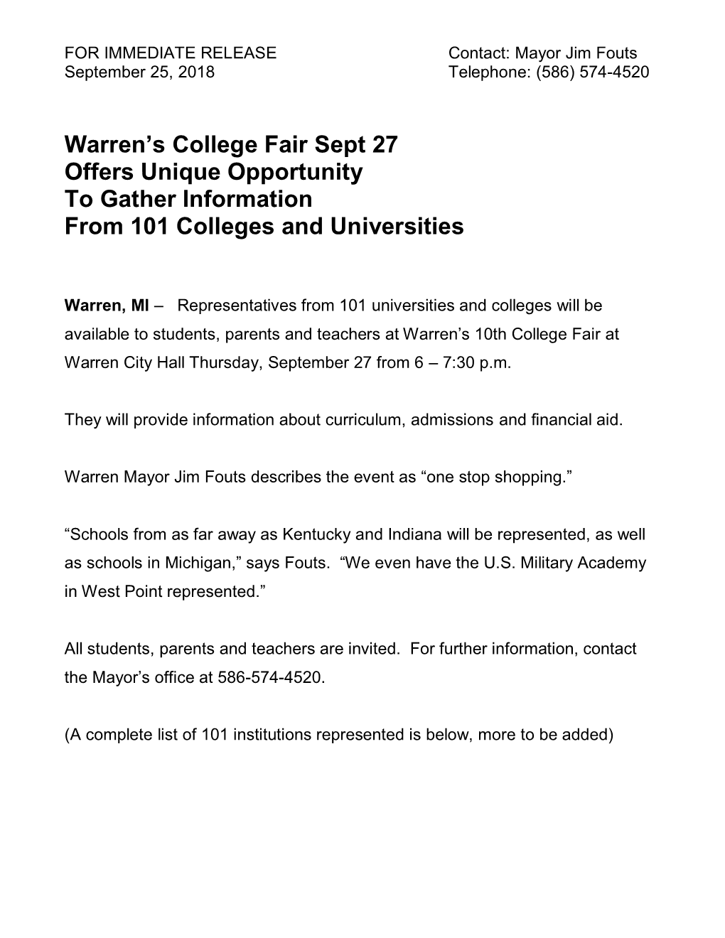 Warren's College Fair Sept 27 Offers Unique Opportunity to Gather