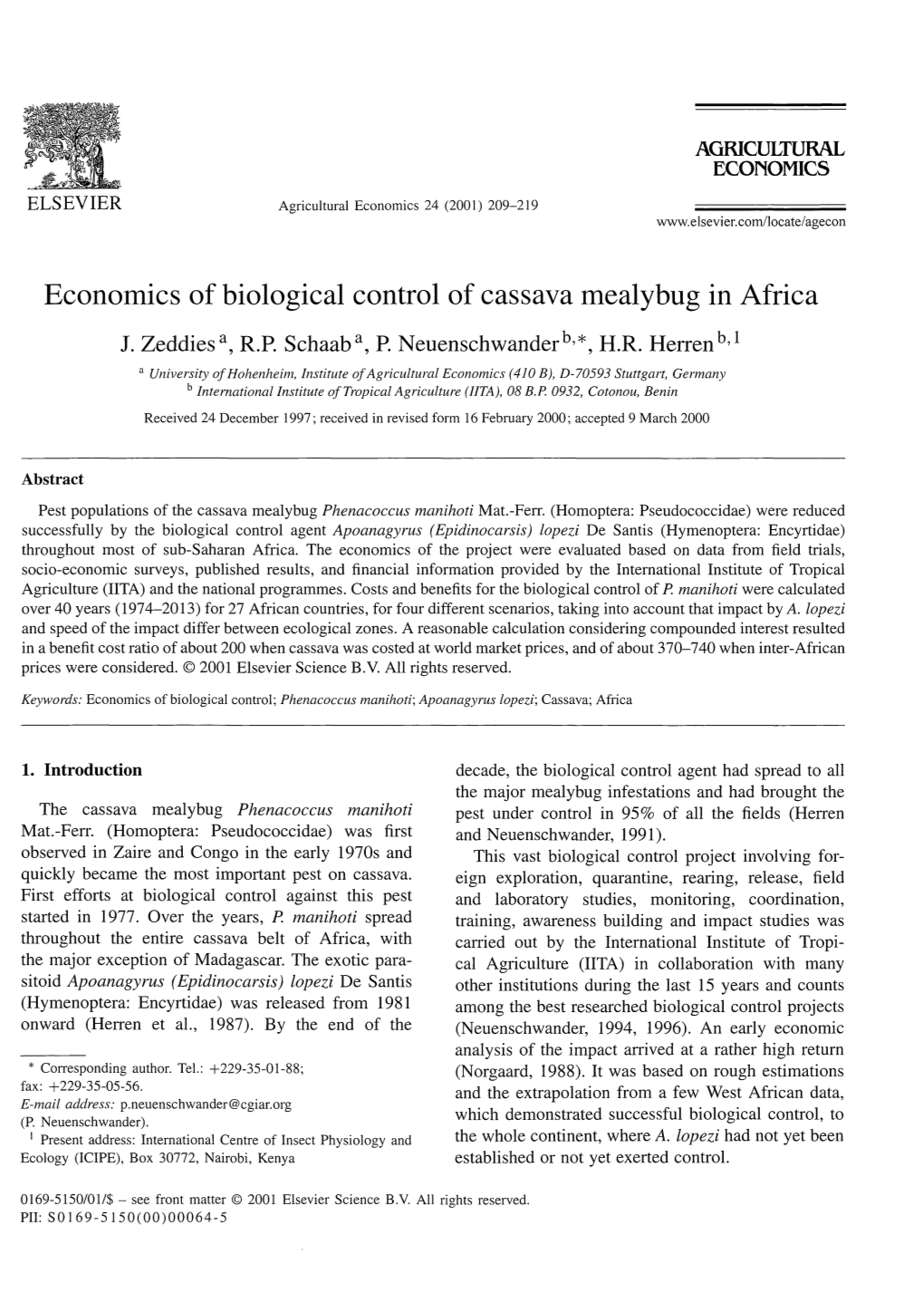 Economics of Biological Control of Cassava Mealybug in Africa